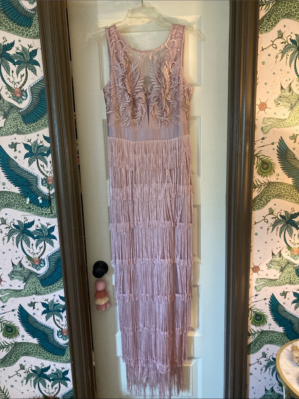 VENUS Blush Pink Sleeveless Fringe Maxi Dress with Embroidered Bodice
